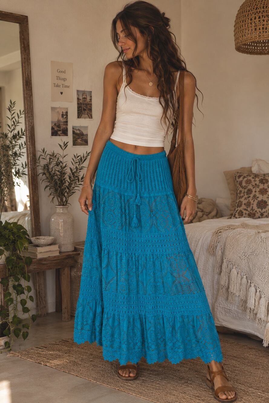 Vintage-Vibe Turquoise Crochet Lace Boho Festival Maxi Skirt
